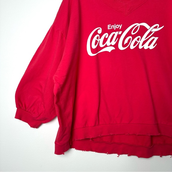 Coca-Cola Red Oversized Distressed Drop Shoulder 3/4 Sleeve V-Neck Sweatshirt - Picture 5 of 13
